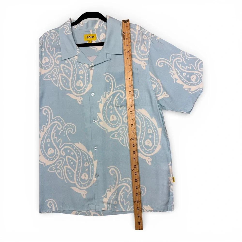 GOLF WANG Paisley Button Up Shirt Men L Light Blue Camp Loop Collar Short Sleeve